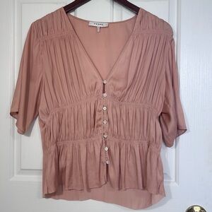 FRAME Rose Pink Silk-Look Ruched Boho Chic Peplum Top Large Smocked Button Front